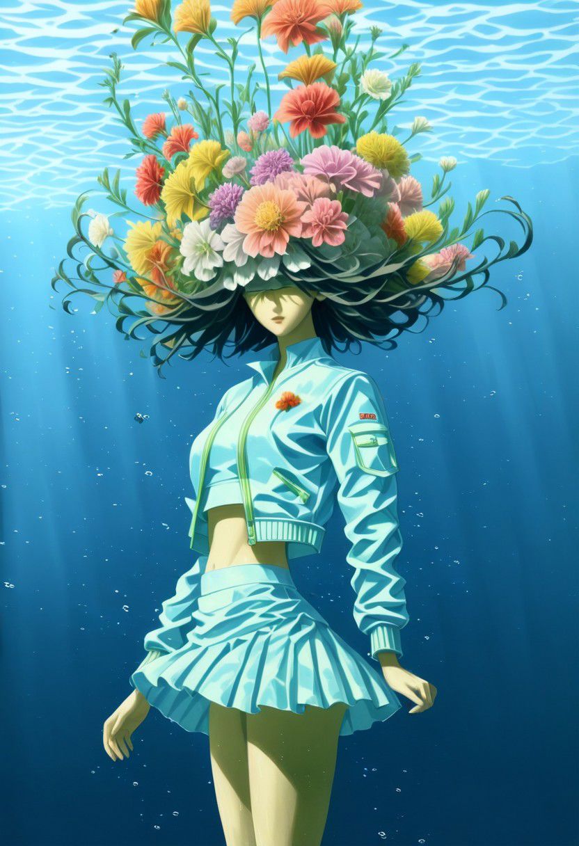 Beautiful woman, full body view, mini skirt, flowerhead, aesthetic, beautiful hair, little jacket, (under water:2), lot of goldfish, speed art, oil painting, beautiful flowers, realistic, surrealist, pastel colors, lot of flowers, algues, by hiroshi nagai