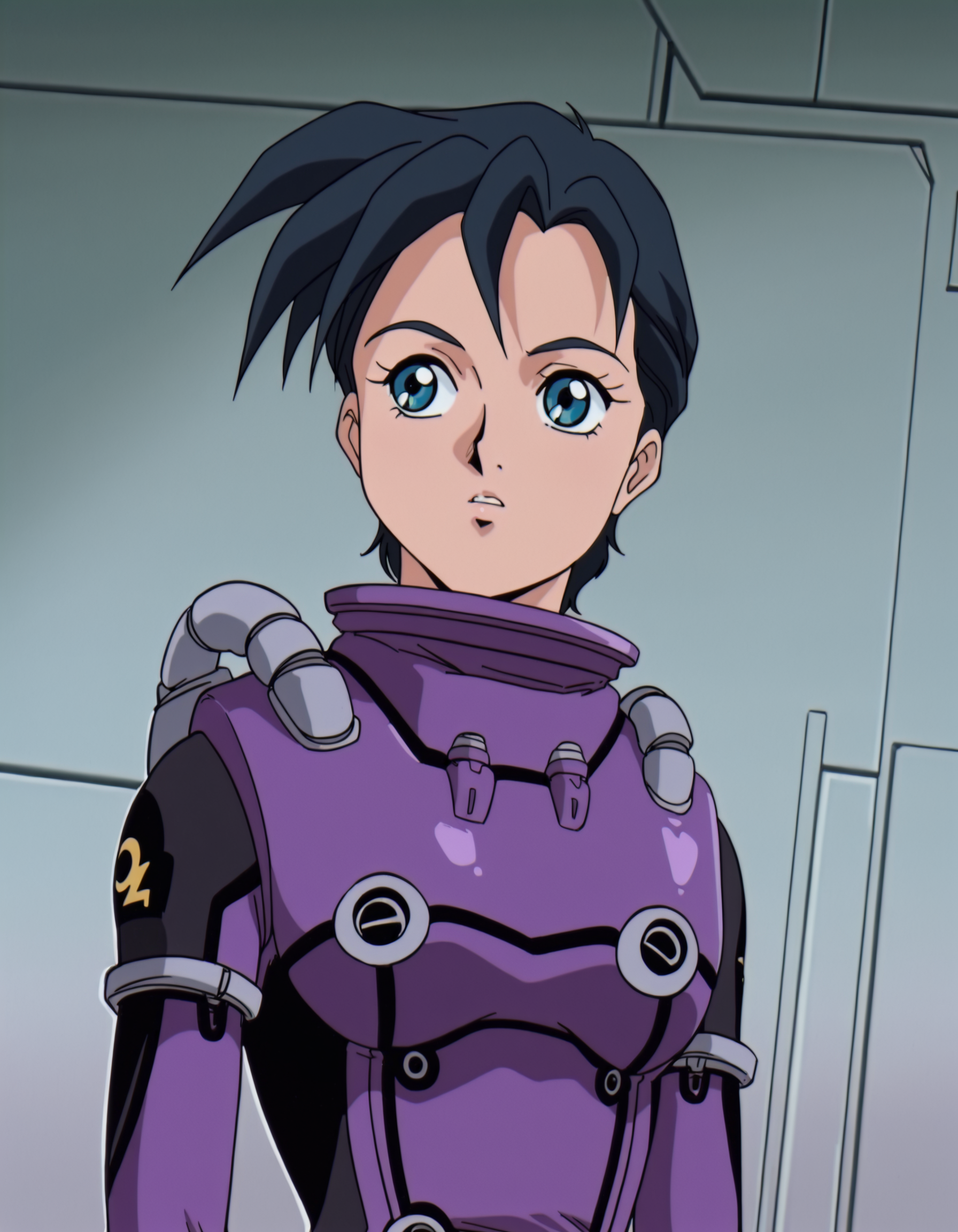 <lora:HildeSchbeikerGundamWingIllustrious1.0JLFO:1> hilde, 1girl, 1990s, retro artstyle, black hair, solo, short hair, blue eyes,pilot suit, looking at viewer, upper body, looking to the side, simple background,