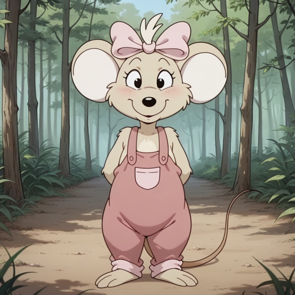 masterpiece, best quality, amazing quality, Marciabbil, semi-anthro, female, Marsupial Mouse, tan fur, black eyes, pink overalls, pink bow, hair bow, woods, standing