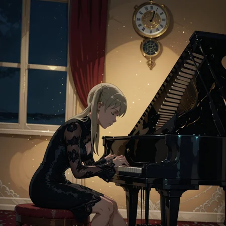 safe_pos, angle, (motion lines:0.3), (motion blur:0.3), maka albarn, soul eater,1girl, green eyes, blonde hair, long hair, twintails, focused expression, (facing piano:1.5), sitting on piano stool, playing grand piano, cowboy shot,sunset, closed eyes, head back, dramatic composition, colorful,nlcob dress, black dress, cleavage cutout, see-through, lace, arms forward, detailed hands, accurate anatomy, focused, indoors, dynamic light, velvet theme, from side, vibrant colors, soft focus, high contrast, fancy room, curtains, textured surfaces, depth of field, dramatic shadows, rich details, window, night sky, light particles, vintage clock, dynamic angle, dynamic light,background,volumetric lighting,
night scene, professional lighting, ambient lighting, soft shadows, clear composition, detailed environment, solo_focus, masterpiece, best quality, very aesthetic, absurdres, newest,748cmstyle,ultsm99,