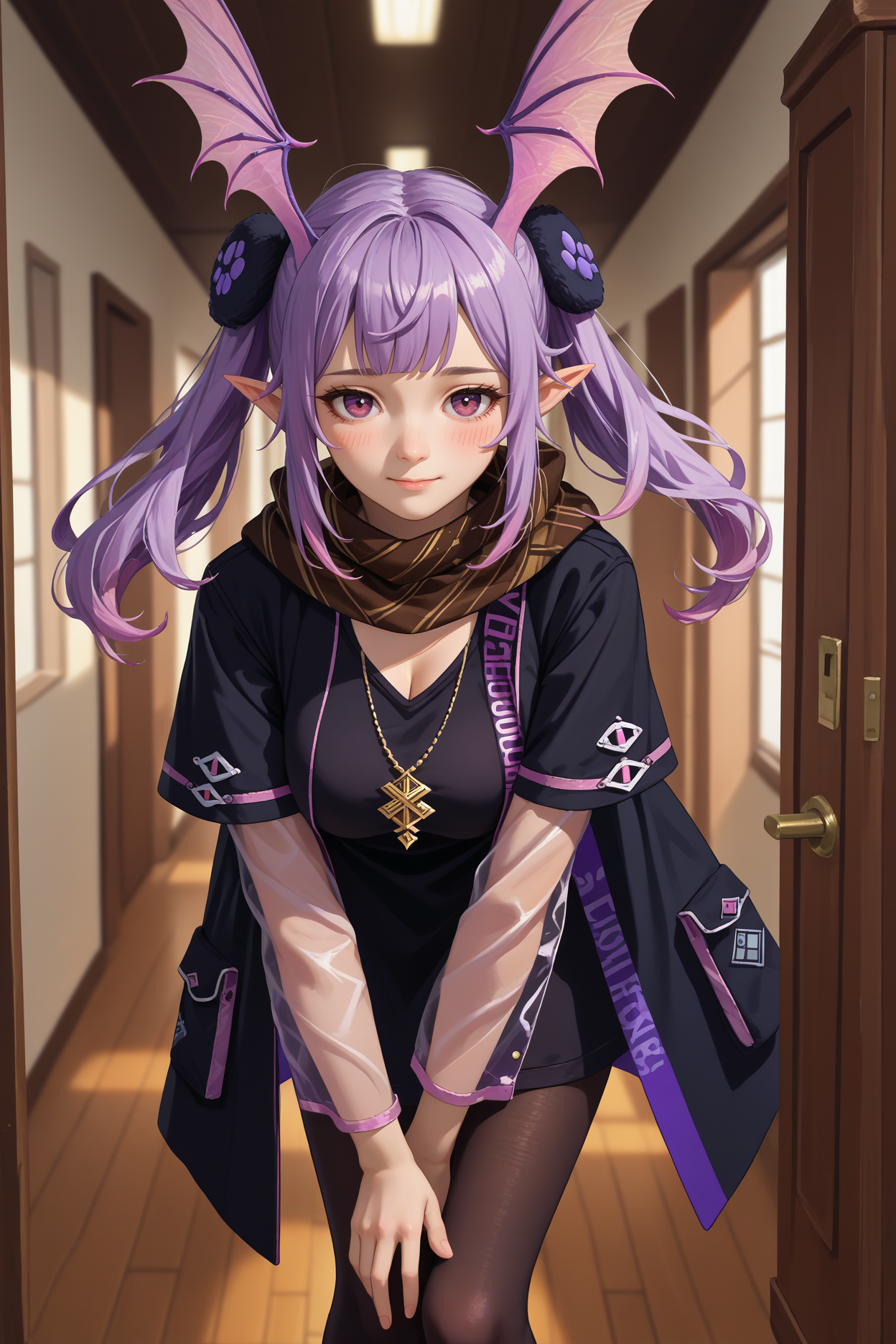 score_9, score_8_up, score_7_up, score_6_up, source_anime, 1girl, solo,  <lora:manticore-pdxl-nvwls-v1-000004:1> drgMC, lavender hair, twintails, long hair, purple eyes, hair ribbon, pointy ears, head wings, hair ornament, black coat, brown scarf, necklace, black dress, short sleeves, see-through sleeves, thighs, black pantyhose, large breasts, leaning forward, blush, light smile, hallway, hand up