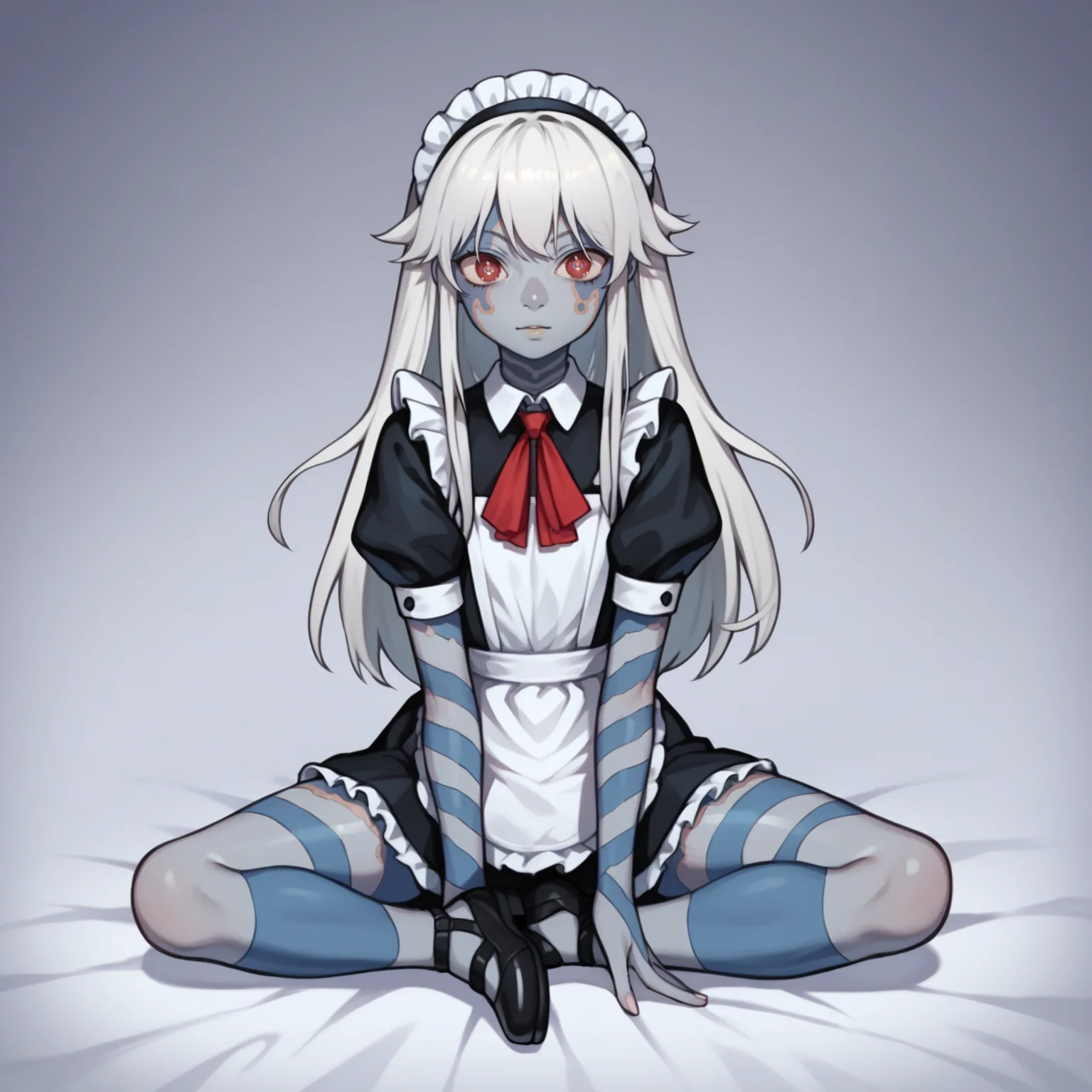 score_9, score_8_up, score_7_up, score_6_up, source_anime, best quality, anime, BREAK <lora:Puparia:1> puparia, 1girl, feminine, petite, solo, white hair, long hair, symbol shaped pupils, blue u-shaped pupils, red eyes, grey skin, blue tattoos, clothed, maid outfit, french maid, sitting, muted colors, full body, shoes