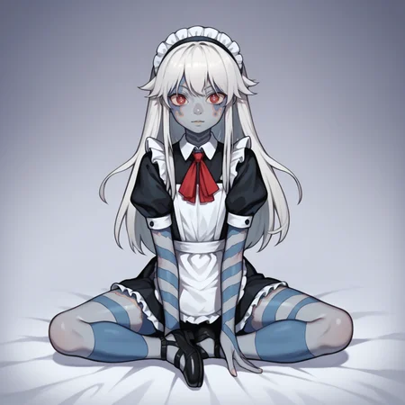 score_9, score_8_up, score_7_up, score_6_up, source_anime, best quality, anime, BREAK <lora:Puparia:1> puparia, 1girl, feminine, petite, solo, white hair, long hair, symbol shaped pupils, blue u-shaped pupils, red eyes, grey skin, blue tattoos, clothed, maid outfit, french maid, sitting, muted colors, full body, shoes