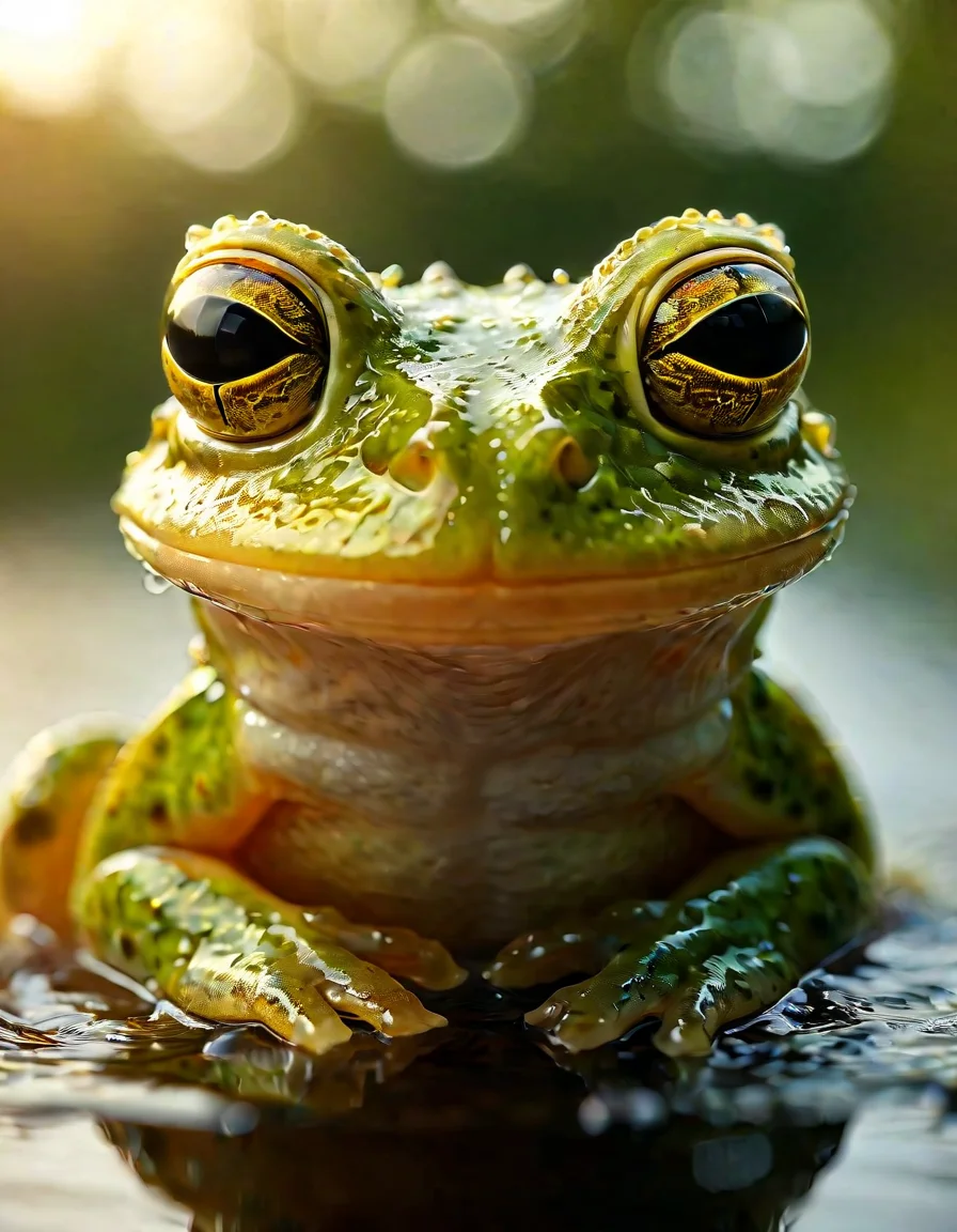 by Jasmine Becket-Griffith, Gottfried Helnwein, close up of a (Frog:1.3) , trees, at Golden hour, ultrafine detailed, double exposure, Canon EF, 800mm lens, otherworldly, rich colors, <lora:sdxl_lightning_8step_lora:1>, <lora:ral-milkyglass:0.95> made out of ral-milkyglass, perfect background, polished, perfect symmetry, intricate detail