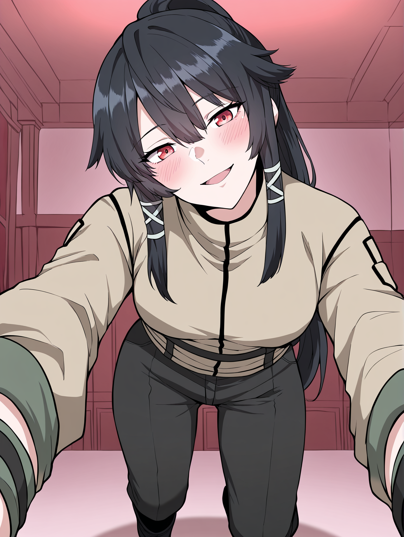 <lora:Jasmine_Flamesworth__The_Beginning_After_the_End__Illustrious:1>
1 girls, solo, red eyes, black hair, long hair, ponytail, bangs, hair between eyes, sidelocks, small breasts
brown jacket, greeb ribbon, fingerless gloves, long sleeves, black pants, black boots, bandages
score_9, score_8_up, score_7_up, score_6_up, source_anime, rating_explicit, 1girl, solo, smile, embarrassed, alcalose eyes, open mouth, mansion, indoors, looking at viewer, outstretched arms, pov, close-up, (head tilt:1.2)