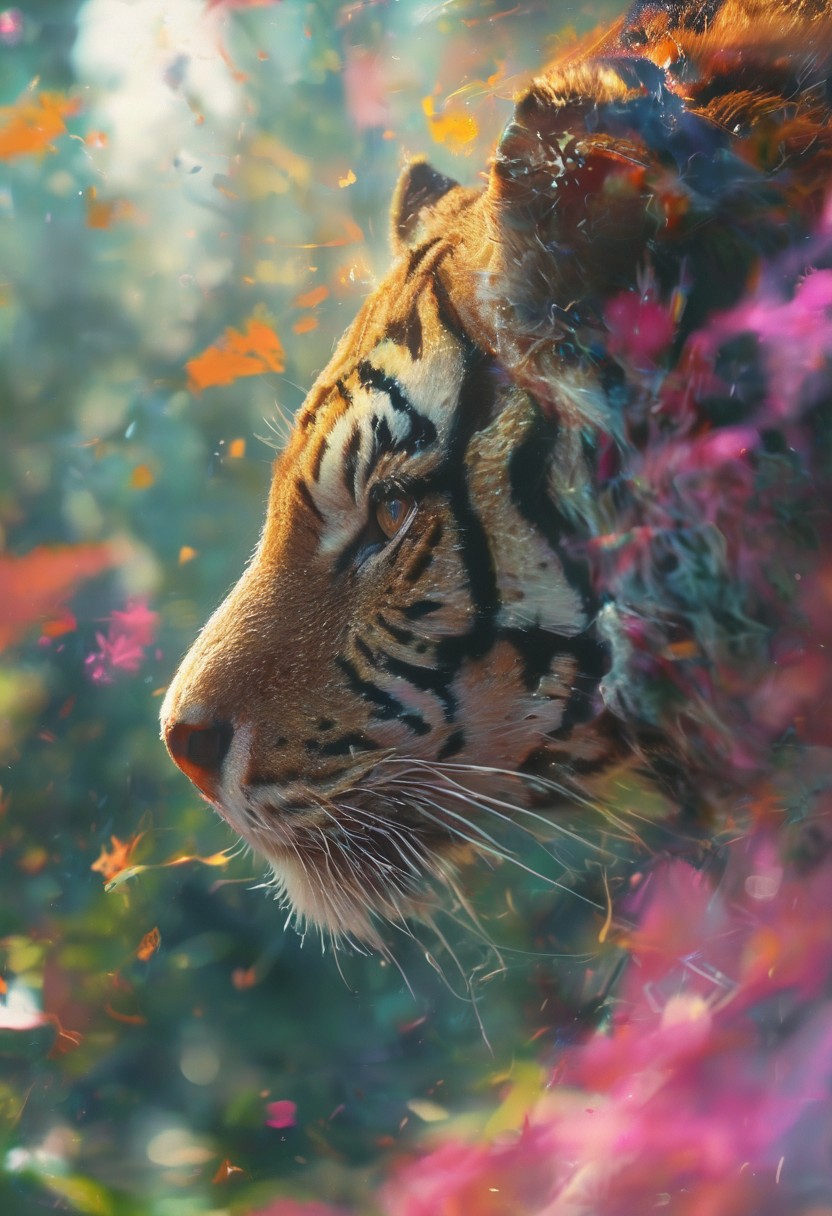 high fantasy, mythical, mysterious, sense of depth, jungle background, vivid, colorful, highly detailed, diffuse, diffusion, glowing, light reflection, sfx, This stunning image is rendered in insanely high resolution, realistic, 8k, HD, HDR, XDR, focus + sharpen + wide-angle 8K resolution + HDR10 Ken Burns effect + Adobe Lightroom + rule-of-thirds + high-detailed bark, vivid, vibrant, high saturation, bright colors, wide angle, radiant, focal point, sky, high angle, visible wind, lightning, thunder, double exposure, (flames in the outline) of a roaring tiger, smoke, metamorphic, composed of fire elements, ember, sparks, fire element, zoomed out, hellfire, (cityscape from above:1.1)
