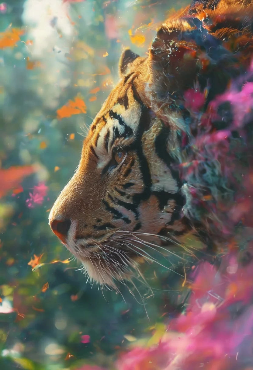 high fantasy, mythical, mysterious, sense of depth, jungle background, vivid, colorful, highly detailed, diffuse, diffusion, glowing, light reflection, sfx, This stunning image is rendered in insanely high resolution, realistic, 8k, HD, HDR, XDR, focus + sharpen + wide-angle 8K resolution + HDR10 Ken Burns effect + Adobe Lightroom + rule-of-thirds + high-detailed bark, vivid, vibrant, high saturation, bright colors, wide angle, radiant, focal point, sky, high angle, visible wind, lightning, thunder, double exposure, (flames in the outline) of a roaring tiger, smoke, metamorphic, composed of fire elements, ember, sparks, fire element, zoomed out, hellfire, (cityscape from above:1.1)
