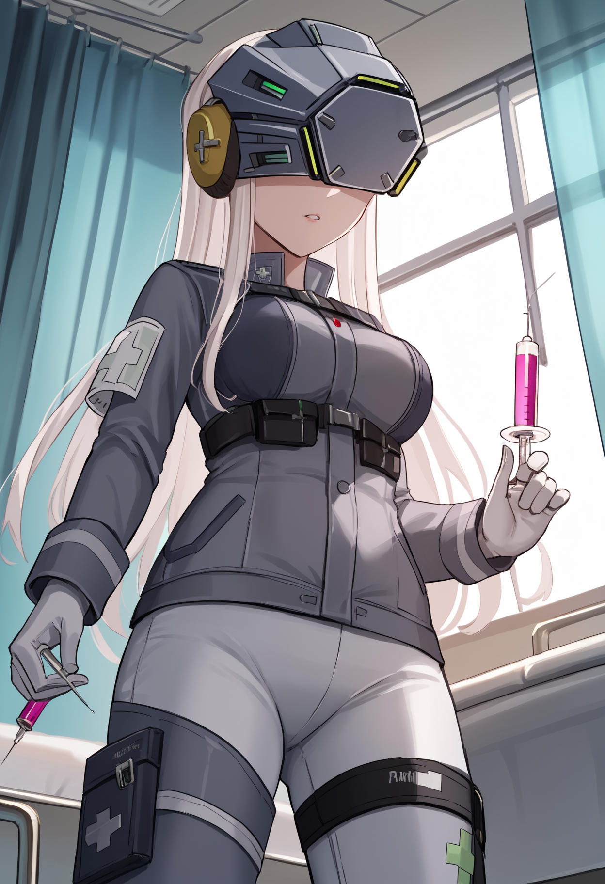 score_9, score_8_up, score_7_up, source_anime BREAK 1girl, solo, <lora:idollocean-nikke-richy-v1_pdxl:1> idllcn, covered eyes, white hair, long hair, helmet, grey jacket, gloves, grey pants, standing, parted lips, syringe, needle, indoors, breasts, military, from below, hospital bed, hospital, curtains