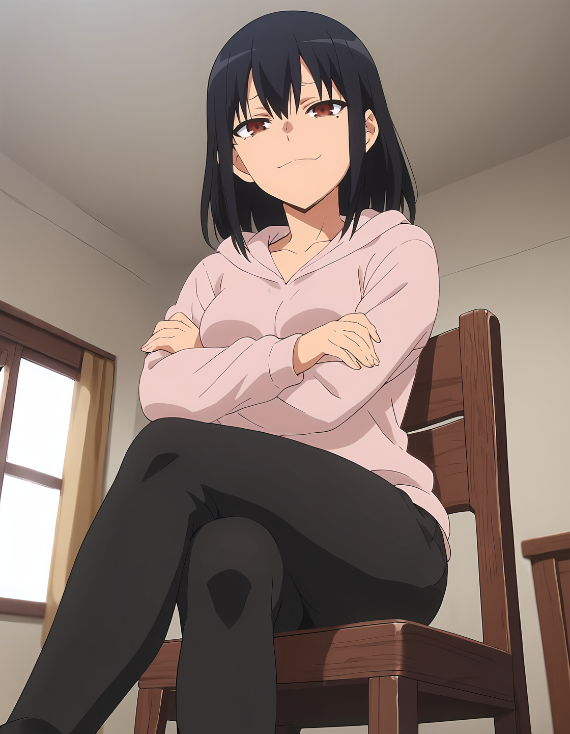 score_9, score_8_up, score_7_up, score_6_up, score_5_up, score_4_up, source_anime, <lora:anetoro_T1V1:0.85>,
1girl, solo,  anime screencap,
anetoro_T1V1, black hair, medium hair, hair between eyes, sidelocks, brown eyes, red eyes, medium breasts, 
pink hoodie, hood down, long sleeves, collarbone, black pants, 
sitting, crossed legs, crossed arms, 
looking at viewer, smug, closed mouth, 
indoors, living room, wooden chair, from below,