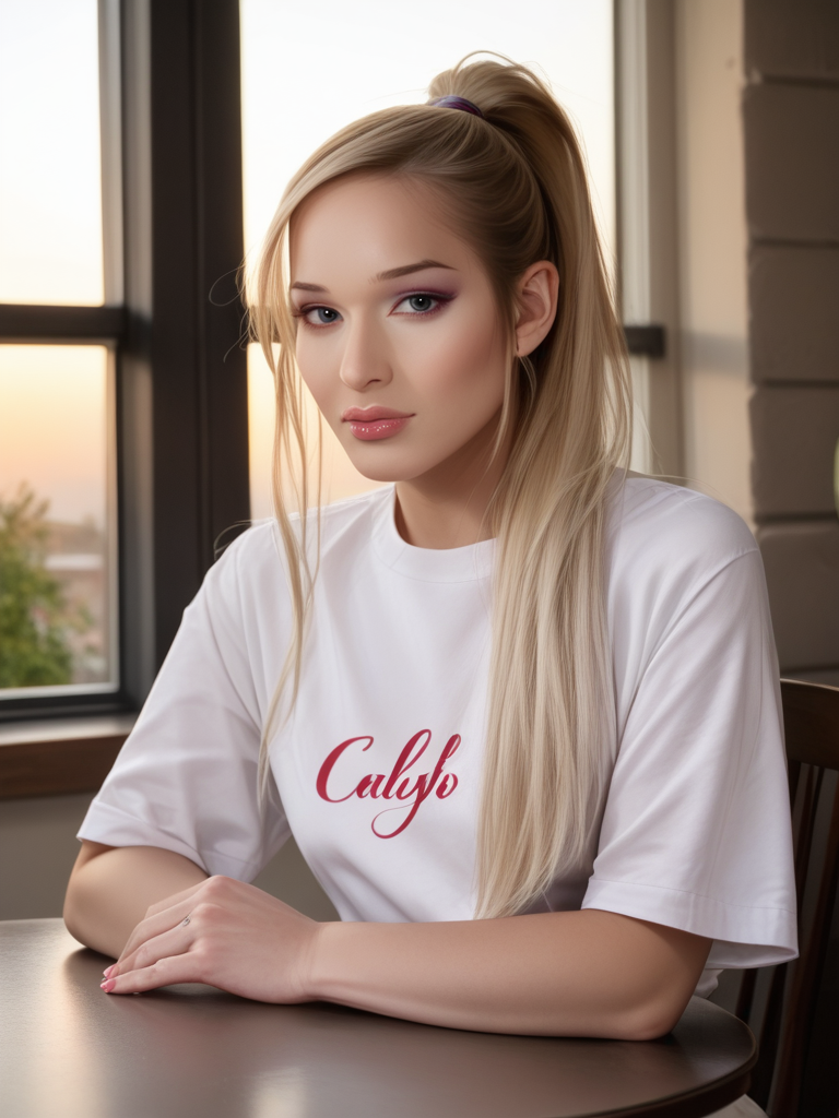 score_9, score_8_up, score_7_up, Khlo3H4rt, Khloe Hart, <lora:Khlo3H4rt-pony:1>,   cinematic, ultra detailed, portrait, 1girl, makeup, lips, long hair, blonde hair, high ponytail, big lips, wearing big baggy shirt, cafe, sitting, table, window, solo, looking at viewer, bokeh, focus, film, velvia, artistic, best quality, photograph, focus, face focused, magic hour, photography, warm light, sunset, movie still,