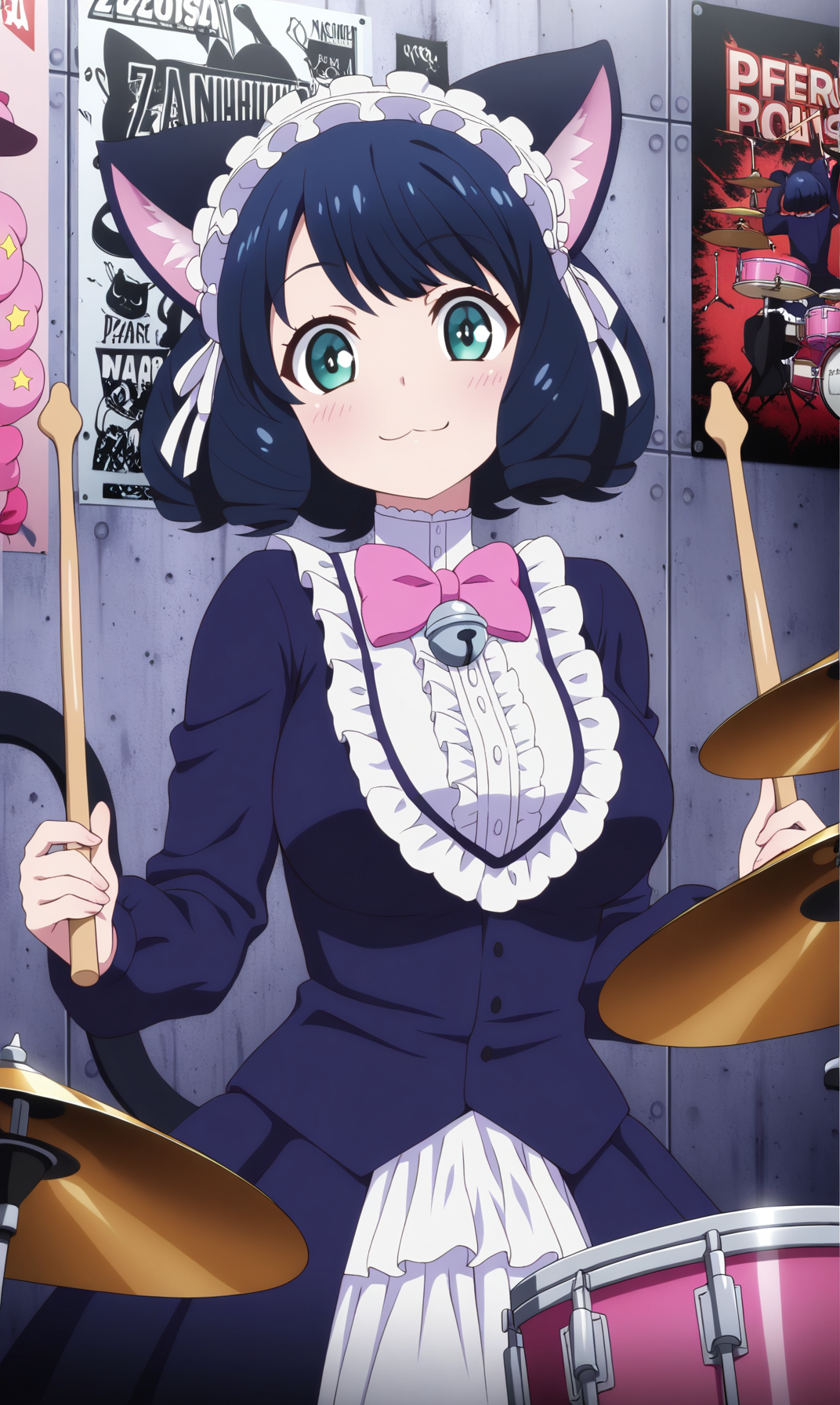 masterpiece, best quality, curvy, beautiful eyes, zzcyanhijirikawa, 1girl, solo, looking at viewer, animal ears, cat ears, drum set, instrument, drumsticks, drum, cat girl, aqua eyes, tail, green eyes, cat tail, bow, bell, blue hair, upper body, smile, short hair, bowtie, :3, poster \(object\), curly hair, black hair, pink bow, dress, maid headdress, fashion, closed mouth, jingle bell, pink bowtie,
