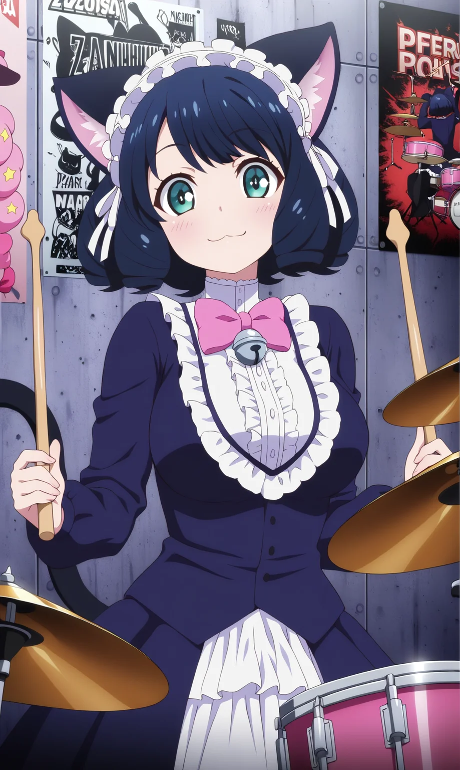 masterpiece, best quality, curvy, beautiful eyes, zzcyanhijirikawa, 1girl, solo, looking at viewer, animal ears, cat ears, drum set, instrument, drumsticks, drum, cat girl, aqua eyes, tail, green eyes, cat tail, bow, bell, blue hair, upper body, smile, short hair, bowtie, :3, poster \(object\), curly hair, black hair, pink bow, dress, maid headdress, fashion, closed mouth, jingle bell, pink bowtie,