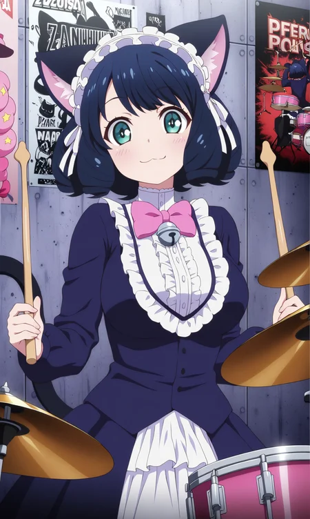 masterpiece, best quality, curvy, beautiful eyes, zzcyanhijirikawa, 1girl, solo, looking at viewer, animal ears, cat ears, drum set, instrument, drumsticks, drum, cat girl, aqua eyes, tail, green eyes, cat tail, bow, bell, blue hair, upper body, smile, short hair, bowtie, :3, poster \(object\), curly hair, black hair, pink bow, dress, maid headdress, fashion, closed mouth, jingle bell, pink bowtie,