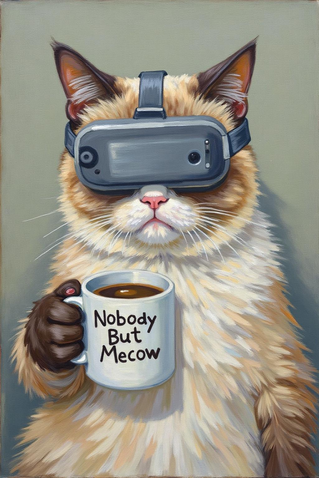helenmcnicoll2 painting. 
Grumpy Cat holidng a coffee mug, wearing a VR Headset. The mug has the phrase "NobodyButMeow"   <lora:helenmcnicoll2_cap_d6a3:1.0><lora:838472848772216246:0>