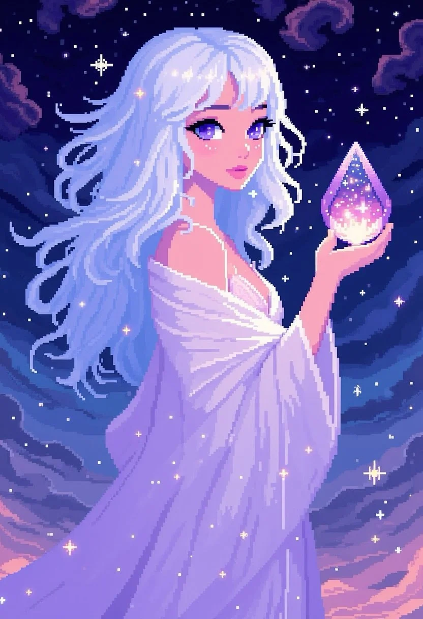 pinkpixelicious,
A celestial woman with skin that glows faintly like pearl, her violet-blue eyes holding the wisdom of the cosmos. Her long, silvery-white hair drifts weightlessly around her, adorned with tiny twinkling stars. She wears an ethereal, flowing robe that blends seamlessly with the nebula-like sky behind her. In her hand, she holds a crystalline orb that reflects the galaxies within.