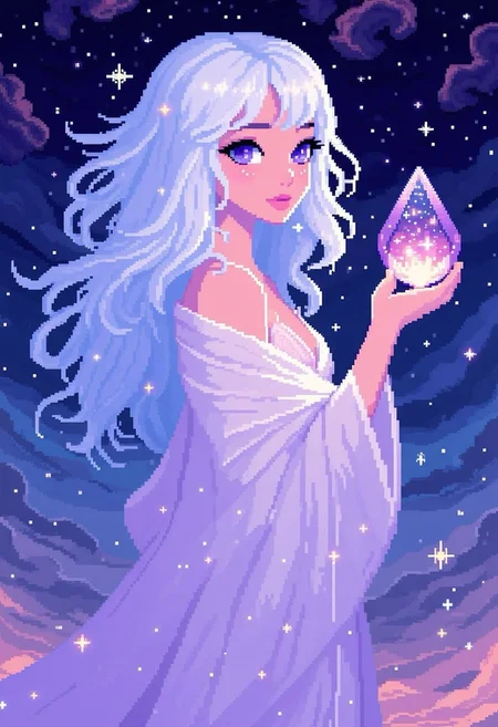 pinkpixelicious,
A celestial woman with skin that glows faintly like pearl, her violet-blue eyes holding the wisdom of the cosmos. Her long, silvery-white hair drifts weightlessly around her, adorned with tiny twinkling stars. She wears an ethereal, flowing robe that blends seamlessly with the nebula-like sky behind her. In her hand, she holds a crystalline orb that reflects the galaxies within.