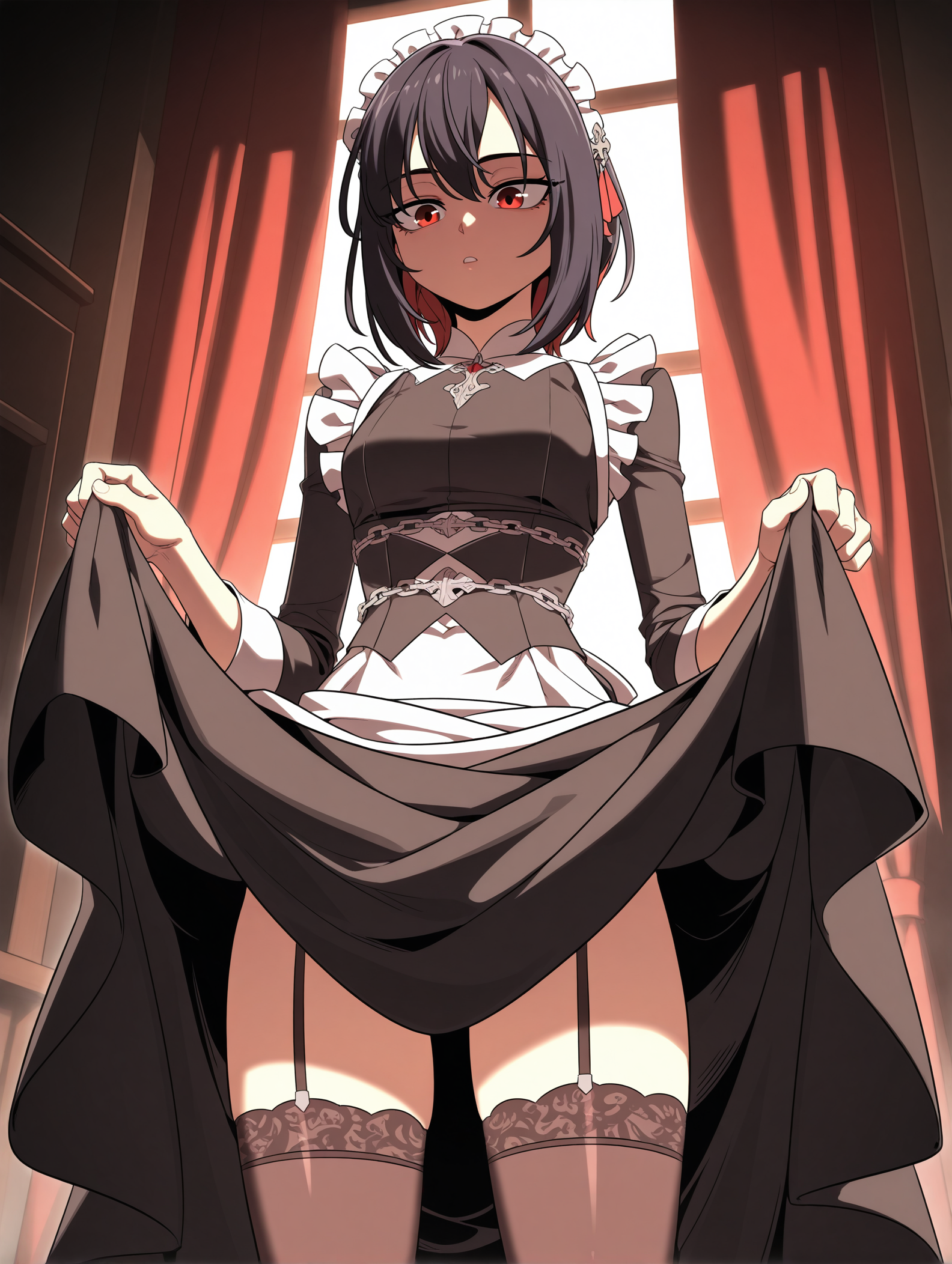 best quality,amazing quality,hua ran,red eyes,black hair,maid,<lora:Hua Ran:1>,thighhighs,skirt lift,