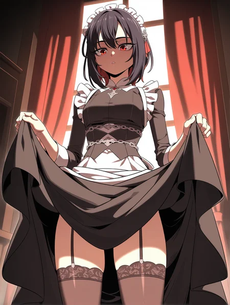 best quality,amazing quality,hua ran,red eyes,black hair,maid,<lora:Hua Ran:1>,thighhighs,skirt lift,