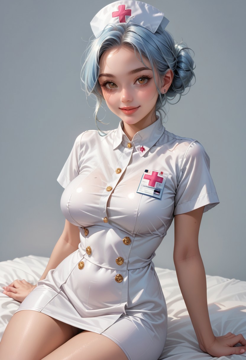 score_9, score_8_up, score_7_up, score_6_up, score_5_up, score_4_up, source_anime,high quality, highly detailed digital-painting,
woman, voluptuous body, brown eyes, puffy lips, puffy lips, light blue hair big topknot single-bun,
wearing white nurse dress with nurse cap,
dark grey blank background, 
top view, rim lighting, smile, sitting pose, legs crosse