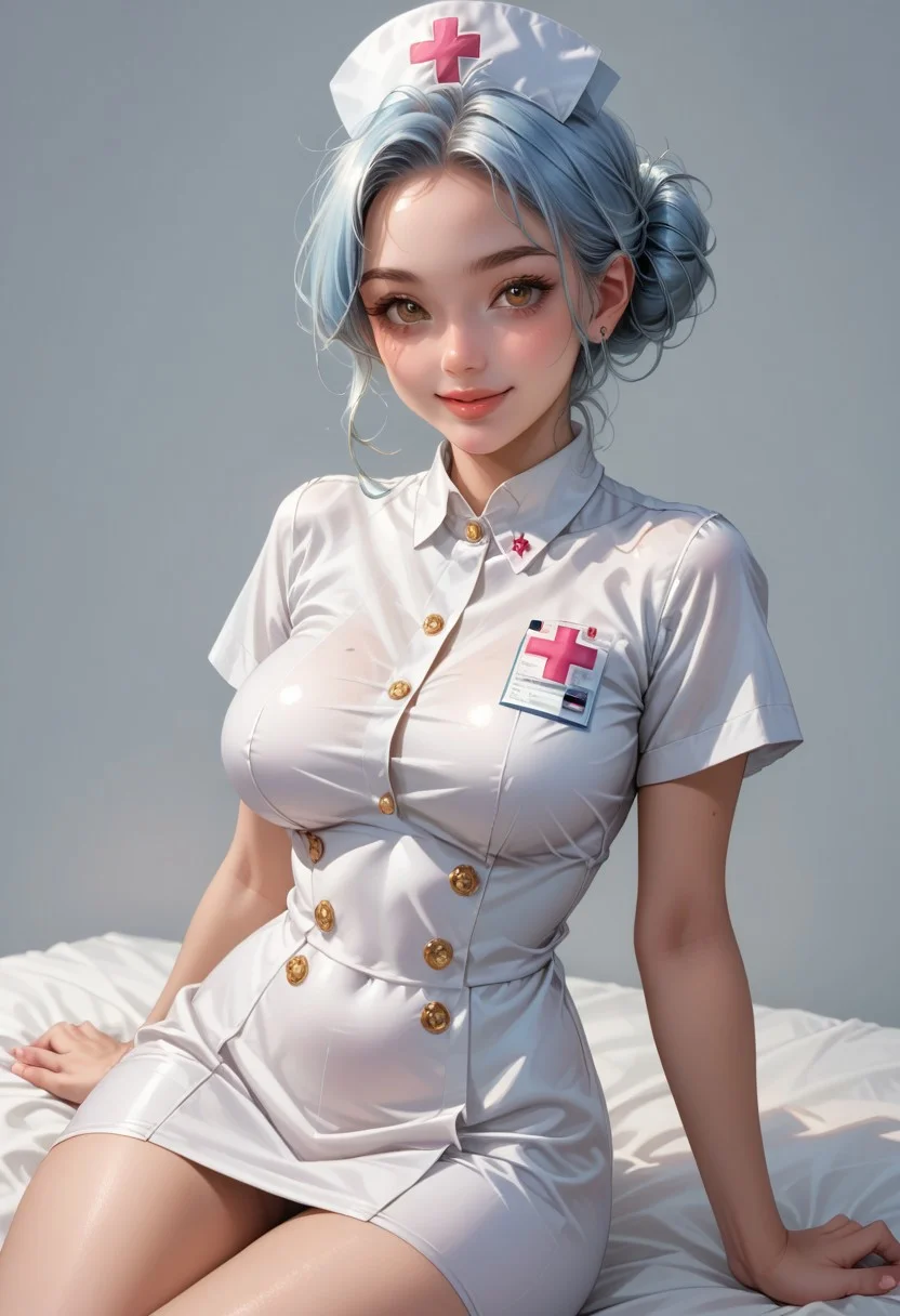 score_9, score_8_up, score_7_up, score_6_up, score_5_up, score_4_up, source_anime,high quality, highly detailed digital-painting,
woman, voluptuous body, brown eyes, puffy lips, puffy lips, light blue hair big topknot single-bun,
wearing white nurse dress with nurse cap,
dark grey blank background,
top view, rim lighting, smile, sitting pose, legs crosse