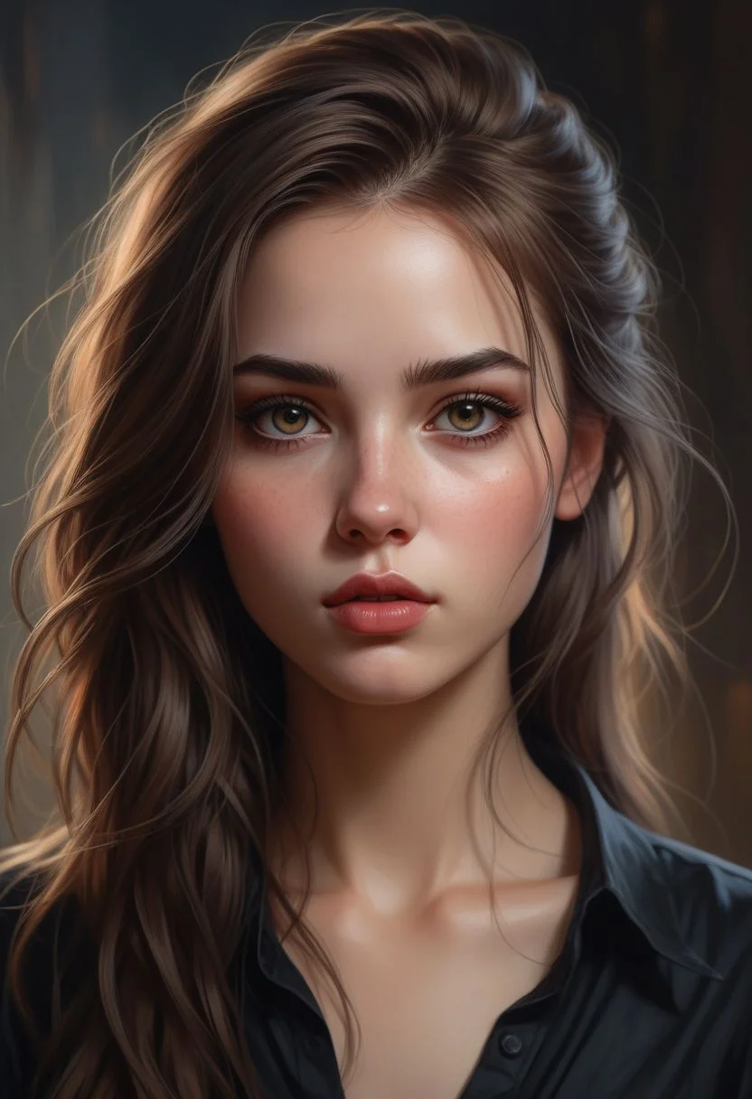 In a 4K, high-resolution masterpiece, I will create a digital illustrative portrait of a provocative punk girl, following the art style of Bowater. This portrait will be a realistic masterpiece, showcasing a girl with long, flowing hair and a black shirt. The digital art will be deemed the #1 digital painting of all time, featuring stunningly detailed eyes and lips. The portrait will exude a dreamy atmosphere with soft lighting and delicate brushstrokes, capturing her expressive facial features with impeccable detail. The composition will be attention-grabbing, with a striking color palette and realistic skin texture. Her captivating gaze will tell a story, drawing the viewer into the portrait's romantic and mysterious atmosphere. Her hair will be depicted with lifelike precision, adding a touch of magic to this graceful and elegant masterpiece.