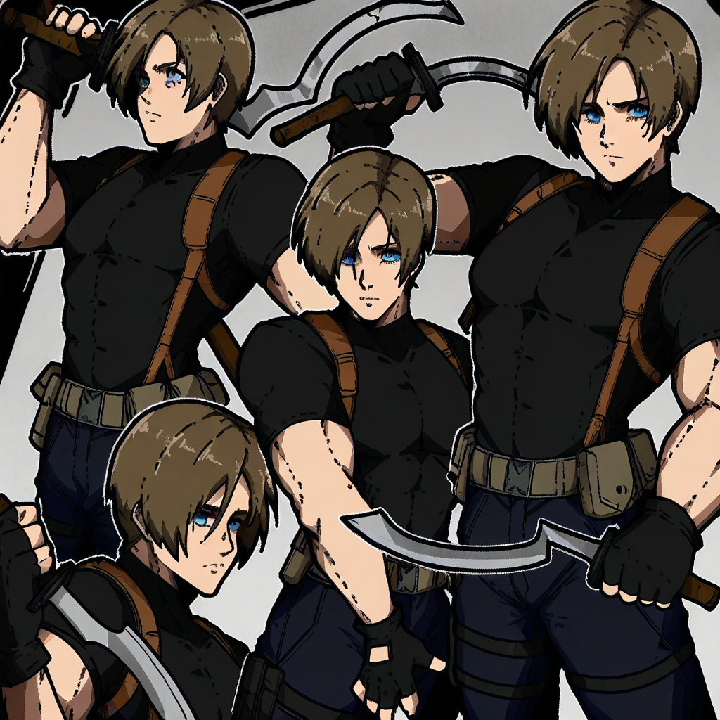 masterpiece, best quality, newest, absurdres, highres, mark_gavatino, mark gavatino style, holding sword, holding weapon, holding, KHV1.0, khopesh, sword, weapon, 1boy, leon s. kennedy, brown hair, blue eyes, gloves,