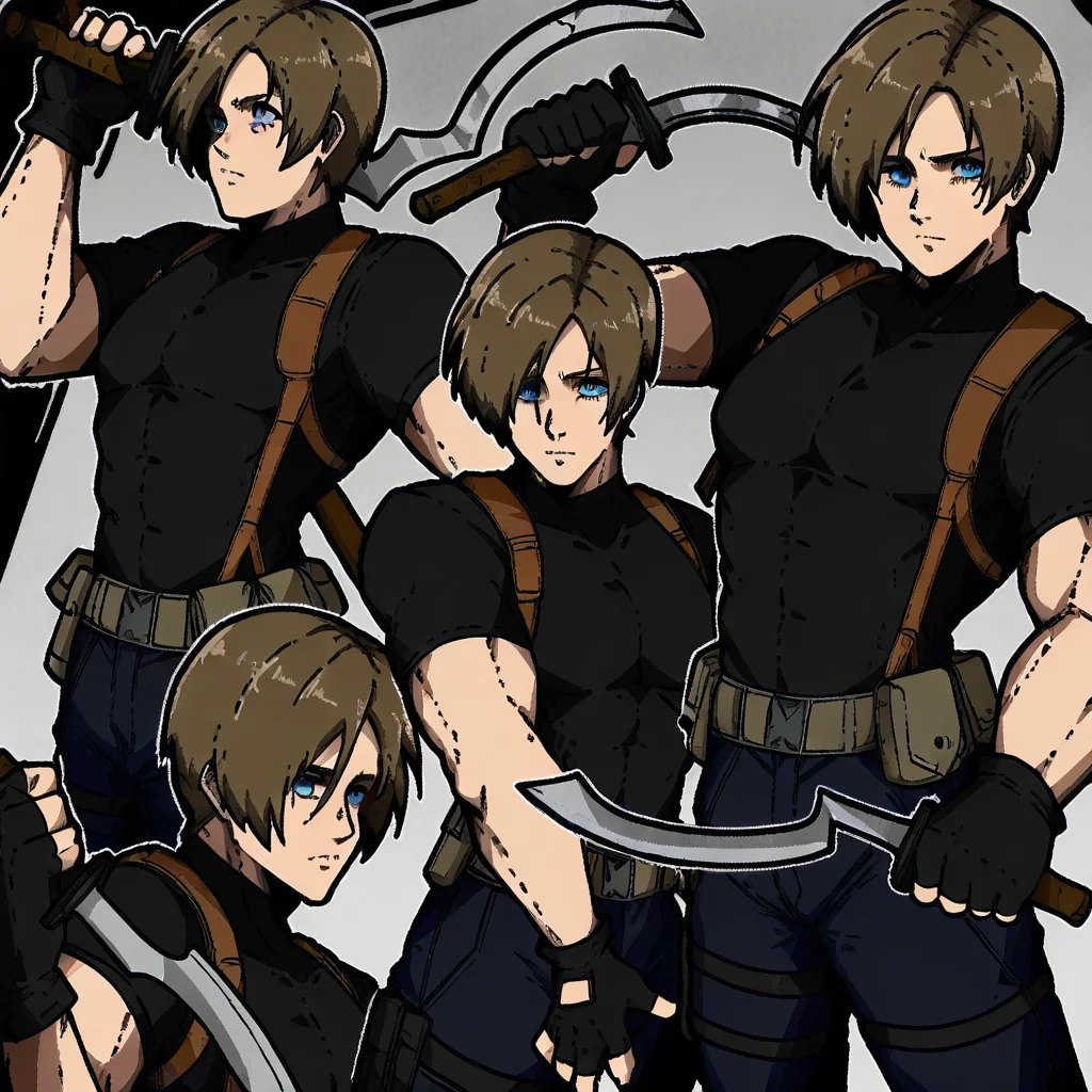 masterpiece, best quality, newest, absurdres, highres, mark_gavatino, mark gavatino style, holding sword, holding weapon, holding, KHV1.0, khopesh, sword, weapon, 1boy, leon s. kennedy, brown hair, blue eyes, gloves,