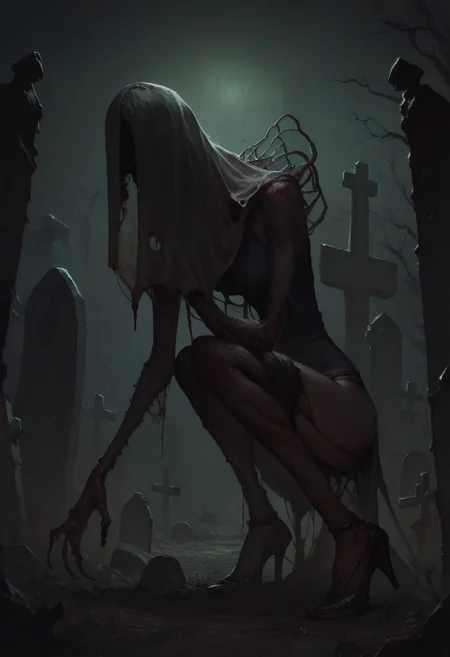 score_9, score_8_up, score_7_up, 1girl, grotesque, banshee, graveyard, horror themed, haunting, ethearal, green lighting, detailed, Mr_Monster_Possitive, comicbookpencils, no face, ghostly, high heels