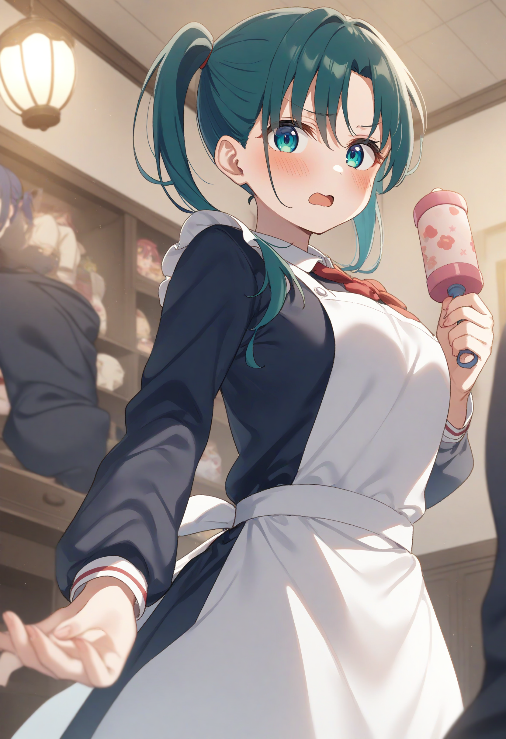 1girl,sincos, ningen mame, toosaka asagi,solo,medium breasts,school uniform,
rattle, holding,pacifier , apron,<lora:rattle_XL_v1:0.6>
ceiling, panorama shot, looking to the side, aqua hair, green eyes,flustered, in palace, open mouth, split ponytail hair,,
best quality, very aesthetic, absurdres