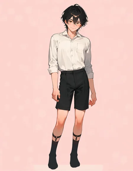 <lora:AFAE:1> (full body:1.4)
score_8_up, score_7_up, score_6_up, source_anime, 1boy, solo, simple background, pink background,
standing, pose, contrapposto, facing viewer
smile, bishounen, black hair, hair between eyes,
sock garter , black socks,
black shorts, white shirt, collared shirt <lora:Sock_Garter:1>