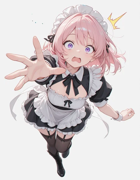 CivChan, white background, reaching towards viewer, shocked, terrified, maid outfit, glitch, thigh highs, black boots, masterpiece, best quality, amazing detail, high definition