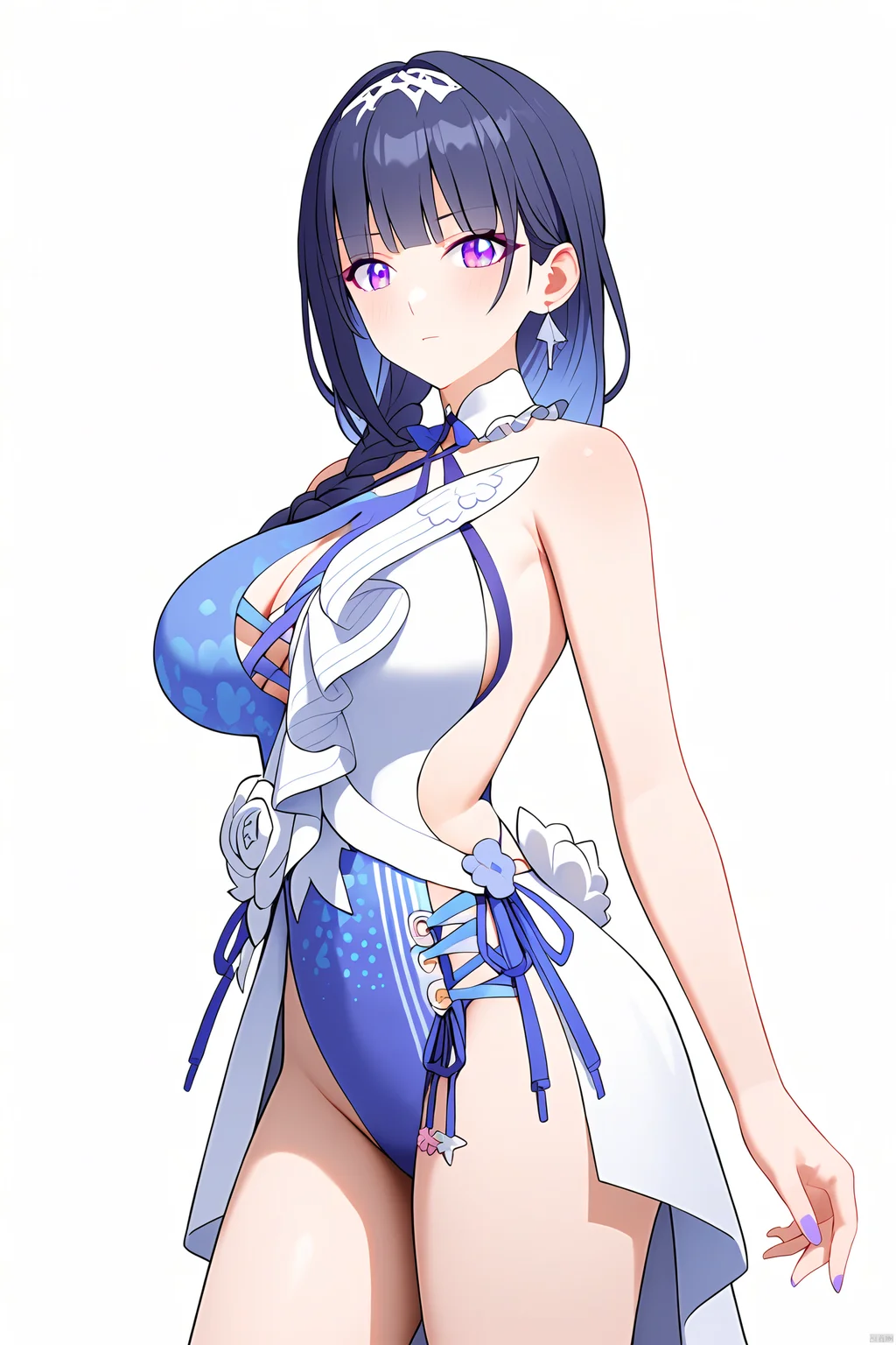 core_9,score_8_up,score_7_up,best quality,masterpiece,source_anime,8k,(ultra-detailed),(high detailed skin), 1girl,,solo,large breasts, best quality, amazing quality, very aesthetic, absurdres,(white background:1.2),portrait,standing,
5th clothes, shiyuansw, swimsuit, 1girl, purple eyes, raiden mei, one-piece swimsuit,bangs<lora:EMS-340667-EMS:0.750000>, <lora:EMS-318079-EMS:0.400000>
