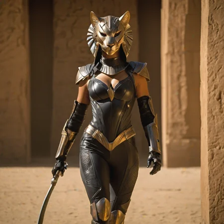 cinematic vfx movie still full figure frame of a (smooth:1.2), attractive , (muscular:1.4), , sexy, (beyonce:1) as a flirting posing (flirting:1.3) sexy powerful dominant female cheetah wearing a (black:1.85) (cybersuit:1.8) (mass effect armor:1.5), <lora:stargateHorus-SDXL:0.4> stargateHorus , claws, <lora:stargateJackal-SDXL:0.4> stargatejackal, (black:1.6) (cat:2) helmet, (teasing:1.3) (sexy pose:1.4), (claws:1.1) (gauntlet:1.1), (holding a black leather bullwhip:1.5), inside an egyptian temple, epic volumetric lighting, film grain, centered, full body, (masterpiece, best quality, highres, photo-referenced:1.1), (science fiction:1.1), sparkling eyes, caustics, (character focus), (perfect anatomy:1.2), (realistic, photorealistic:1.5), seen from below , elegant, tight fitting, (science fiction:1.3) (digitigrade:1.4) designed by Joseph A. Porro, the science fiction cybernetic (snarling:1.2) cheetah (black:1.75) helmet is made of (latex:1.2) and black (metal:1.6) with intrinsic details, bright (robotic cat eyes:1.2) with mechanical steel iris slit cat pupil, black cybersuit armor, high-tech, skin-tight outfit that completely covers the body, with intricate accents that emphasize the curves and contours of the female form, mix of natural lighting and artificial lighting, cinematography by Karl Walter Lindenlaub, directed by Roland Emmerich, (photorealistic:1.4), big (breasts:1.2), nipples , photo, (small head:1.5)