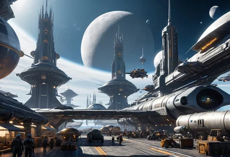 Busy futuristic spaceport with spaceships and cargo traffic, mix of dieselpunk and steampunk and cyberpunk, and a large moon on the horizon. Inspired by the works of Eddie Del Rio, Luke Aegis, Alex Pronin, Jan Ditlev, and Stas Yurev. and is trending on Artstation. Extreme wide shot, slight down angle.