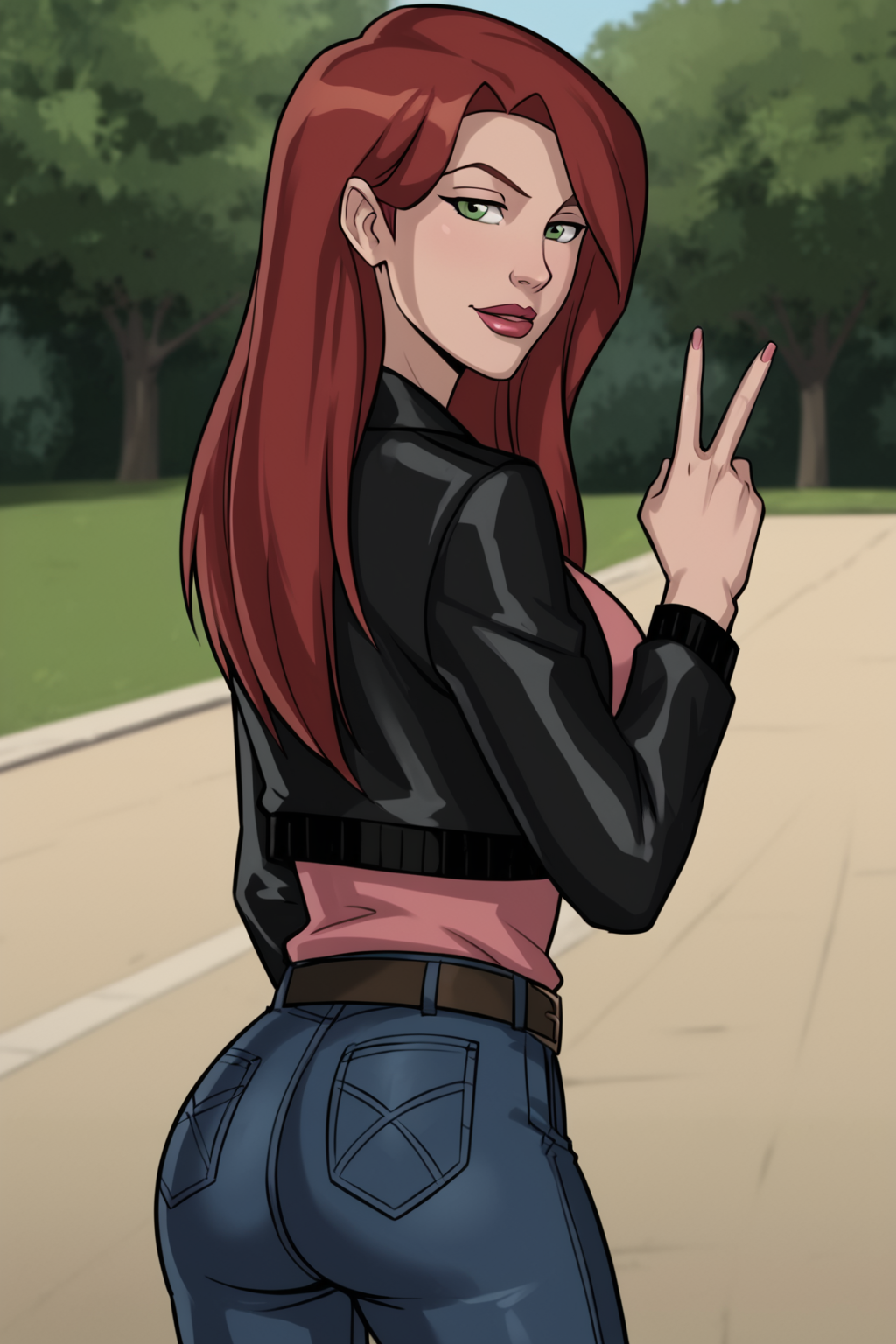 PonyXLV6_Scores BREAK ((parody, style parody),  perfect anatomy, perfect eyes, cowboy shot, from behind), <lora:add_details_xl:0.8> BREAK <lora:Spider-Woman_-_Ultimate_Spider-Man:0.8> mary jane watson, long hair, red hair, green eyes, lipstick, flirting, raised eyebrow, naughty face, pouty lips, ((looking back at viewer)), black jacket, shirt, belt, jeans, large breasts, curvy, toned, athletic, sexually suggestive pose, arched back, holding up a peace sign, holding cellphone, outdoors