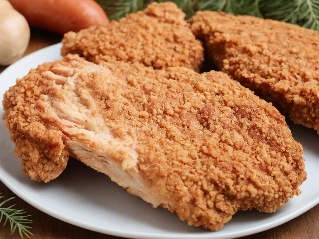 A high-resolution, hyper-realistic image of a deliciously fried chicken cutlet, referred to as G8G. The G8G is golden brown, with a crispy, crumbly coating and tender, juicy meat inside. It's served on a rustic wooden plate, with a side of fresh, colorful vegetables and a dollop of tangy sauce. The scene is set in a cozy, homely kitchen, with all elements in sharp focus, creating a clear and detailed image. The lighting should be warm and inviting, highlighting the appetizing qualities of the G8 and the cozy atmosphere of the setting, <lora:g8:0.7>