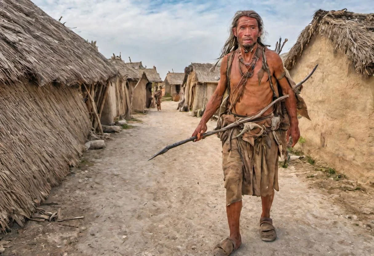 photograph,a neolithic hunter on the street of neolithic settlement, village, high quality photography, 4k, Canon EOS R3, hdr, smooth, sharp focus, high resolution, award winning photo,