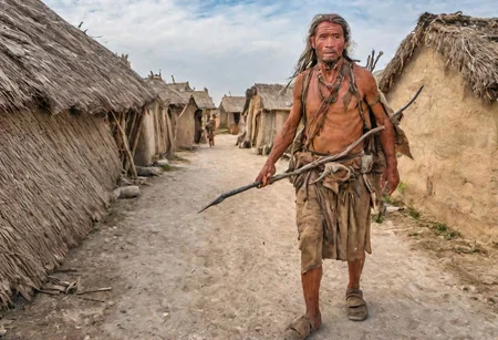photograph,a neolithic hunter on the street of neolithic settlement, village,  high quality photography, 4k, Canon EOS R3, hdr, smooth, sharp focus, high resolution, award winning photo,