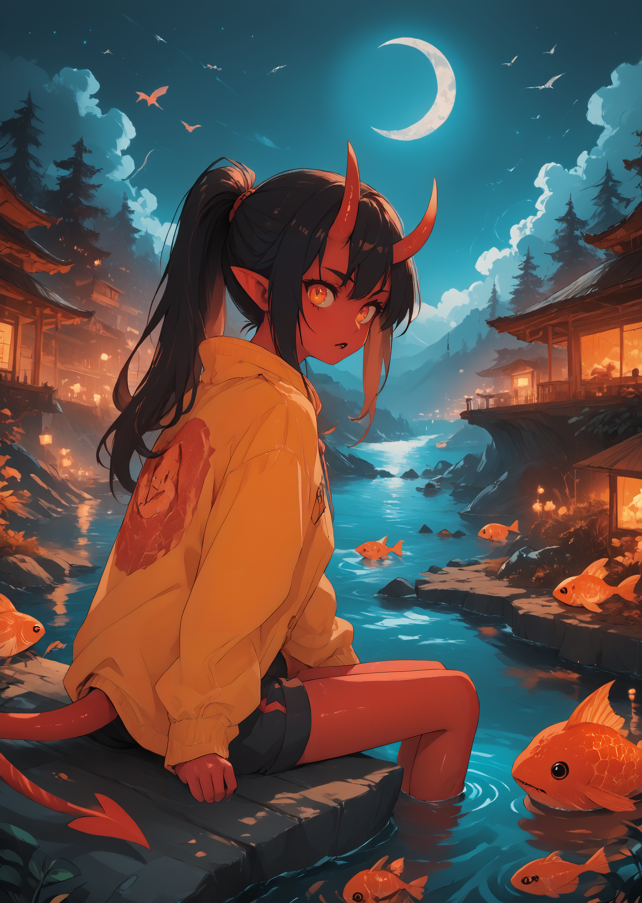 Score_9, score_8_up, score_7_up, score_6
(source_cartoon:1, source_anime:1, cartoon, vibrant, bright colors, digital art)
1girl, horns, sign, cloud, sky, solo, long hair, pointy ears, jacket, fish, bird, moon, crescent moon, ponytail, sitting, open mouth, black hair, tail, water, night, long sleeves, outdoors, shirt, soaking feet, star (sky), demon tail, shorts, demon girl, red skin
<lora:Eldritch_Universe_Style Pony:1.8> <lora:Black_Magic_Steering:0.8> Source_Anime  <lora:Anime Summer Days 2 Style SDXL_LoRA_Pony Diffusion V6 XL:0.8>
