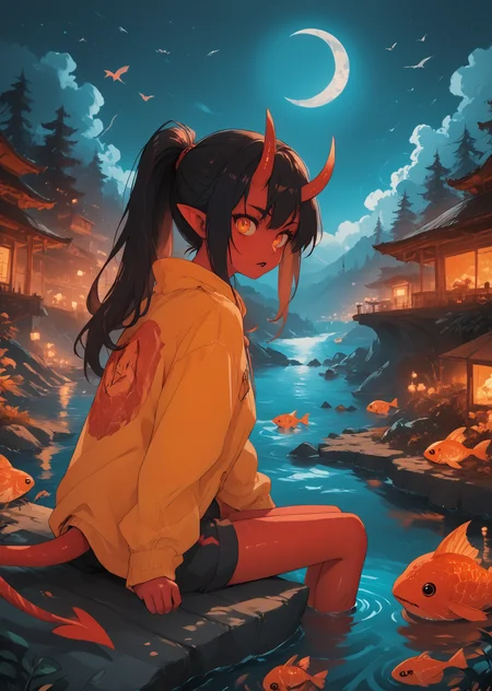 Score_9, score_8_up, score_7_up, score_6
(source_cartoon:1, source_anime:1, cartoon, vibrant, bright colors, digital art)
1girl, horns, sign, cloud, sky, solo, long hair, pointy ears, jacket, fish, bird, moon, crescent moon, ponytail, sitting, open mouth, black hair, tail, water, night, long sleeves, outdoors, shirt, soaking feet, star (sky), demon tail, shorts, demon girl, red skin
<lora:Eldritch_Universe_Style Pony:1.8> <lora:Black_Magic_Steering:0.8> Source_Anime <lora:Anime Summer Days 2 Style SDXL_LoRA_Pony Diffusion V6 XL:0.8>