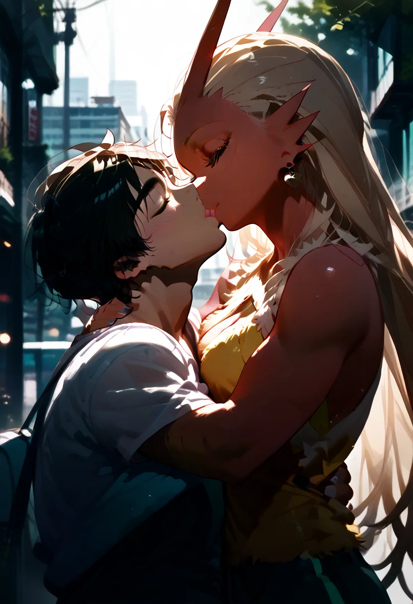 score_9, score_8_up, score_7_up, 1girl, 1boy, deep kiss, head tilt, kiss, hug, blaziken <lora:deep_kiss:1> , in city