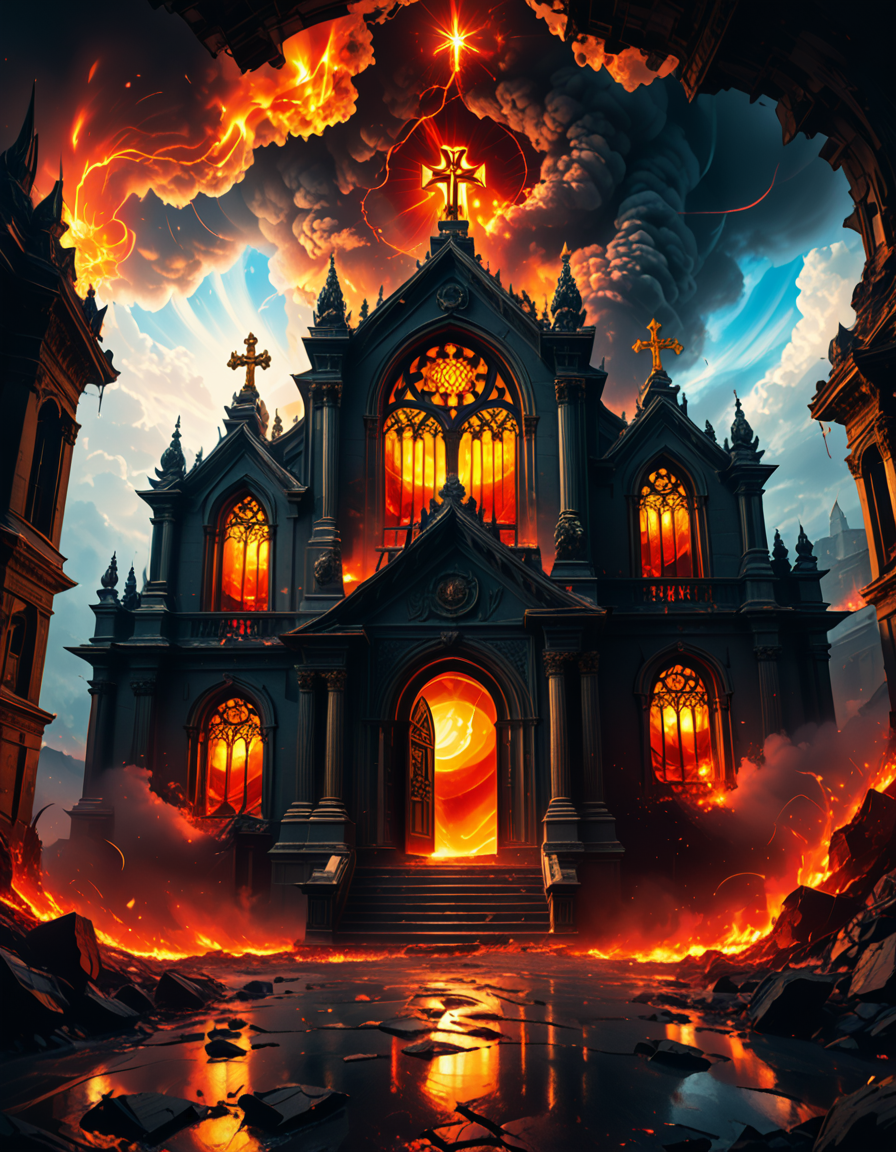 A once-majestic celestial temple, now under siege by the forces of Hell. The grand white stone structure is cracked and scorched, its golden crosses twisted and broken. The stained-glass windows, once glowing with warm divine light, are now shattered, with demonic symbols glowing ominously in their place. The sky, once a serene blue, is now consumed by dark storm clouds, swirling with red lightning and thick smoke.
Black, jagged chains extend from the sky, wrapping around the temple as if trying to pull it down into the abyss. The once-fluffy clouds beneath the structure are now a chaotic mix of fire, ash, and dark mist, with glimpses of molten lava cracks below. Infernal creatures with glowing red eyes lurk in the shadows, their silhouettes barely visible through the smoke and fire.
The temple doors are blown open, revealing an eerie red glow emanating from within, as if Hell itself is consuming the sacred space. Massive demonic runes are etched into the stone, pulsating with an unholy energy. The entire scene is bathed in a deep crimson and orange glow, giving it an apocalyptic and nightmarish atmosphere.
Style & Lighting:
- Dark fantasy, highly detailed
- Dramatic, high-contrast lighting with fiery glows
- Cinematic composition, epic scale
- Strong use of shadows, embers, and atmospheric foghighly detailed and atmospheric view from inside a massive birdcage, large enough for a human to stand inside. The cage is made of ornate, aged metal bars with intricate Victorian-style patterns, curving elegantly towards the domed ceiling. Sunlight filters through the gaps between the bars, casting long, dramatic shadows on the wooden floor. Delicate vines and small flowers have begun to grow around the bars, adding a touch of nature reclaiming the space. The background beyond the cage is blurred, hinting at a lush garden or a mysterious, abandoned mansion. The ambiance is serene yet slightly melancholic, with warm golden light illuminating dust particles floating in the air. Soft feathers are scattered on the floor, adding to the sense of quiet abandonment. The perspective makes the viewer feel as if they are inside the cage, looking outward, surrounded by both beauty and confinement. The style is highly detailed and realistic, with a cinematic and slightly surreal atmosphere.
<lora:SDXLFaeTastic2400:0.4> <lora:extremely_detailed:0.4> extremely detailed,evil celestial t3mpl3, <lora:evil_celestial_t3mpl3-p:1>, Masterpiece,best quality,hi res,8k,hi res,8k,award winning,(sharp focus, intricate, highly detailed),