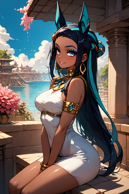 score_9, score_8_up, score_8, medium breasts, (curvy), cute, eyelashes, ,,, , aaAnuNessaCitron, blue eyes, eyeshadow, animal ears, black hair, blue hair, hair bun, long hair, multicolored hair, two-tone hair, dark skin, forehead, sidelocks, dress, bare shoulders, jewelry, earrings, white dress, armlet, hoop earrings, bracelet, <lora:AnubisNessaPDXL:1.0>, , BREAK, sitting on bench, side view, smile, looking at viewer, cowboy shot, ,,, BREAK, pnkBldng, sky, day, cloud, tree, blue sky, building, architecture, east asian architecture, ,,, BREAK, embedding:zPDXL, Expressiveh, ,,, <lora:PinkBuildingsPDXL_v2:0.6>, <lora:SDXLFaeTastic2400:0.5>, <lora:Expressive_H-000001:0.4>