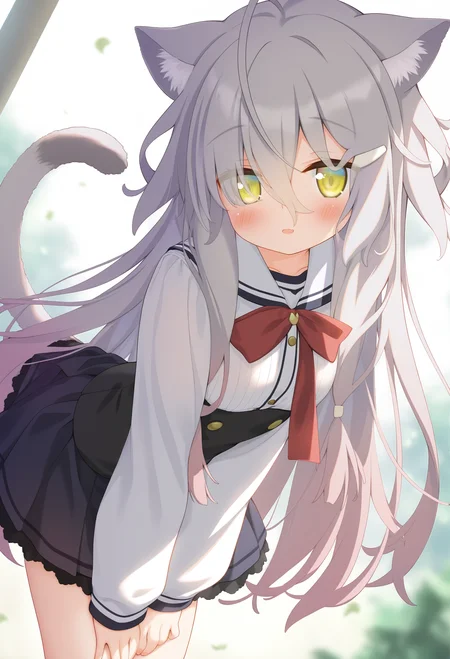 kuro \(sakura moyu\),
(kedama milk:0.3),(chen bin:0.3),
long hair, cat ears, cat tail, yellow eyes,grey hair, gradient hair, 
school uniform,white shirt,black skirt,official alternate costume,long sleeves, red bow,
standing, 
cowboy shot, 
very awa, masterpiece, best quality, year 2024, newest, highres, absurdres
<lora:kuro_noobai_ep100_v1.1-000007:1>,
