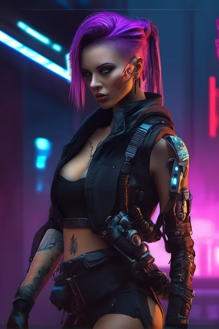<lora:cyberpunk_xl-000004:1> cyberpunk a beautiful women, weapons, boots, tattoos, ninja