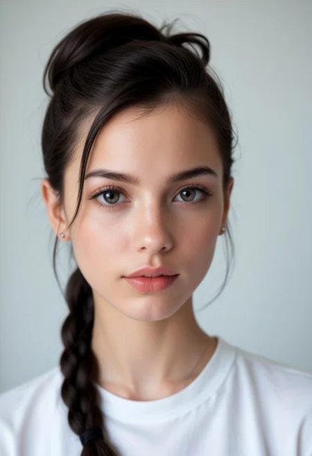 [score_9, score_8_up, score_7_up], (((realistic, realism, HD, perfect quality, 16k, very detailed, realistic lighting, photo, photorealistic))), (realistic detailed face), [18-year-old female], [extreme close-up shot], [petite], [standing at 4'11"], [delicate frame], [black hair, hair in a braided bun, undercut