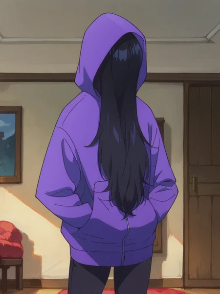 score_9, score_8_up, score_7_up,
1girl, zenshu, black hair, long hair, hair over face, purple hoodie, hands in pockets, indoors, bedroom, looking at viewer, hood up, hood,