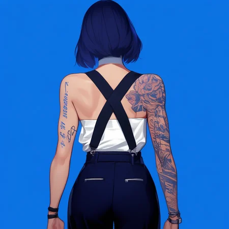 back tattoo, arm tattoo, letterboxed, blue background, suspenders, sash, lipstick, pants, blush, zipper