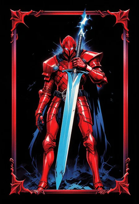 A design of a knight in red armor holding a large blue glowing sword at his side on a black background. It is bordered by a red ornate medieval frame. Uncropped, BRSH, !gris