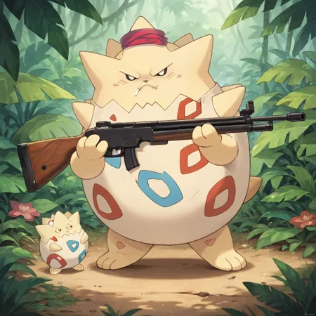 score_9, score_8_up, score_7_up, score_6_up, score_5_up, score_4_up, source_anime, pokemon (creature), slimes_togepi, angry face, holding rifle, smoking cigarette, jungle background
<lora:Hyper-SDXL-12steps-CFG-lora:1> <lora:SlimesTogepi:1>